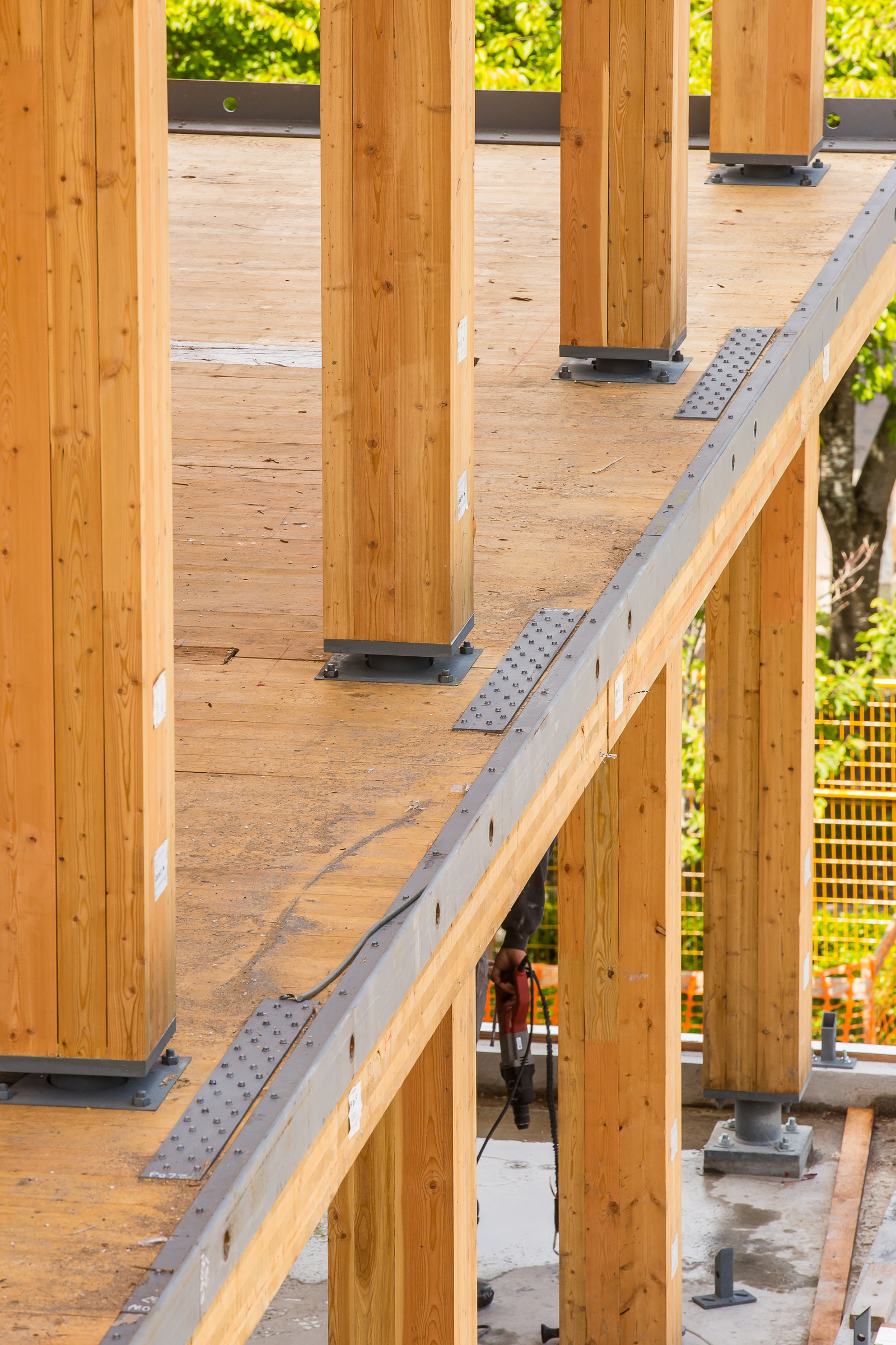 Brock Commons Tallwood House的建筑中期特写视图聚焦于胶合木(胶合木)柱和相关的钢连接器，允许从交叉层压木(CLT)地板面板直接转移荷载
