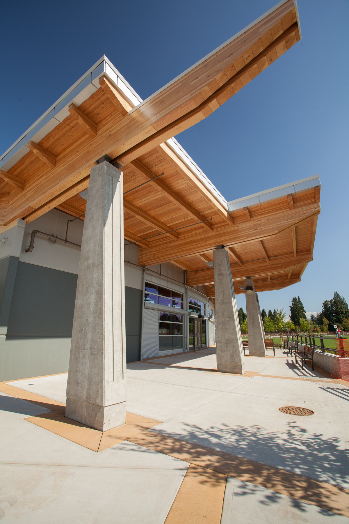 Abbotsford高级中学阳光明媚的室外景观，展示胶合层压木材(胶合木)梁支撑额外的大量木材元素和组成屋顶的木材