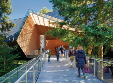 阳光明媚的外部视图Audain艺术博物馆展示梯形panelized预制木材屋顶层压链木材(LSL)和并行链木材(PSL)提供衬板和结构
