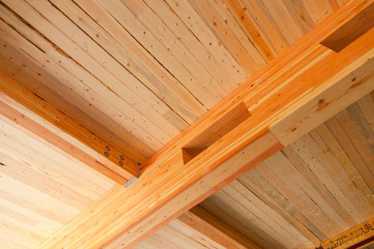 Cheakamus Centre蓝岸环境学习中心白天向上的室内视图，显示交叉层压木材(CLT)胶合木(Glulam)梁支撑着木板屋顶系统