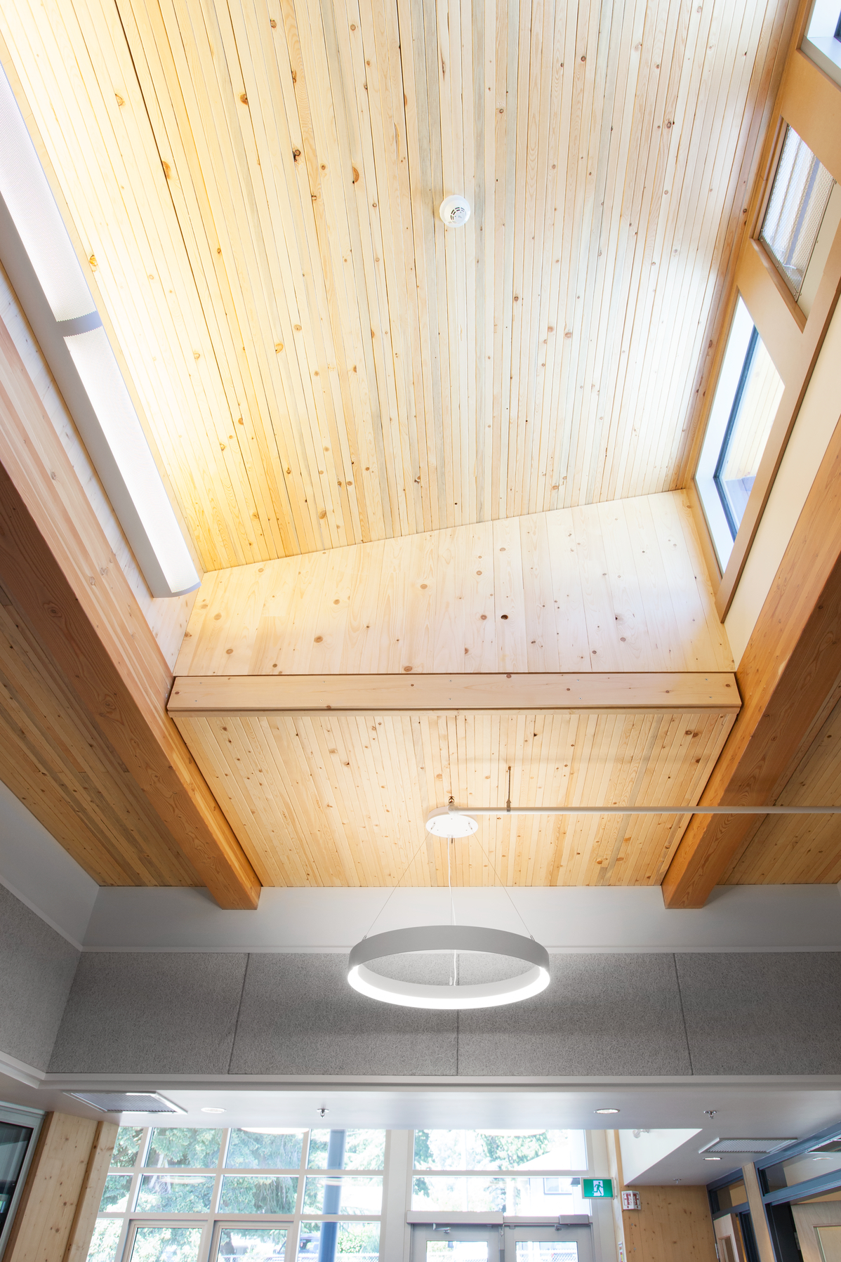 科多瓦湾小学的室内日间向上视图，展示了由钉层木材(NLT)和交叉层压木材(CLT)组成的预制镶板木材建筑系统的天花板。