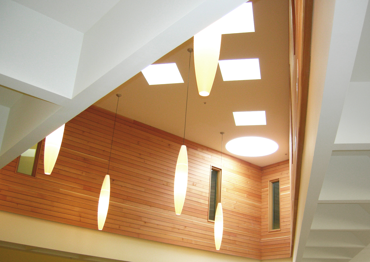 克兰布鲁克公共图书馆的内部向上视图，展示了木质木制品和镶板在温暖和欢迎的上升天花板上的特色