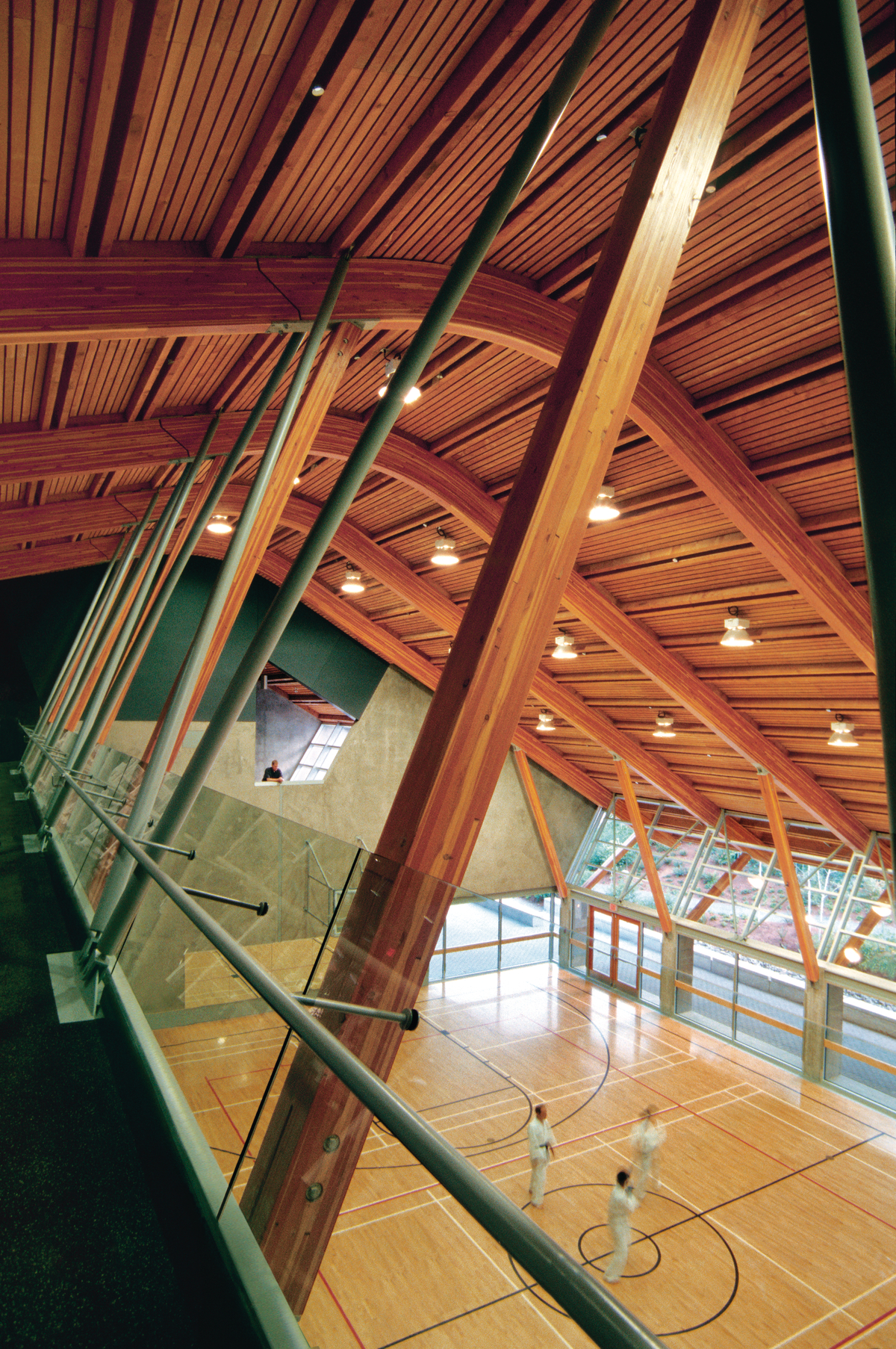 格伦伊格尔斯社区中心低层的室内日间景观，展示了四层的主体育馆，包括一个由预制木板组成的巨大棚状屋顶，由道格拉斯杉木胶合木梁支撑