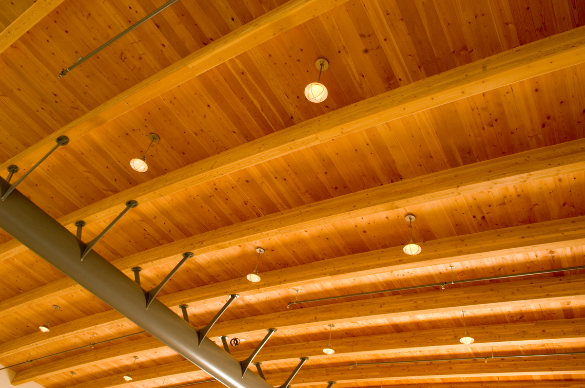 John M.S. Lecky UBC船坞室内日间近景，展示了钢、胶合层压木材(胶合木)和木材轻型框架屋顶结构的组合
