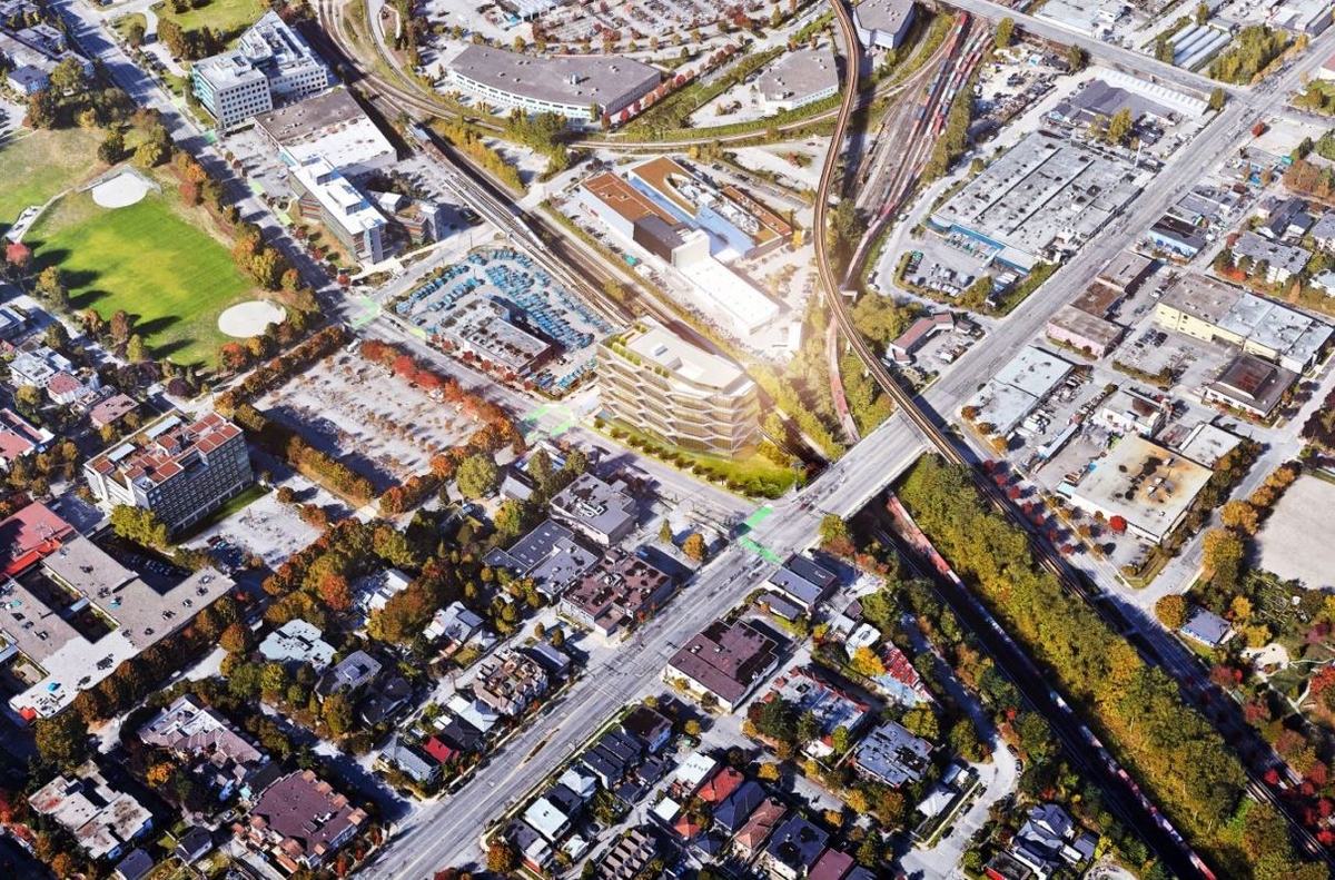 白天户外渲染的基斯路2150号项目的“卫星”视图，显示当地建筑、街道、公园和2150号基斯路建筑