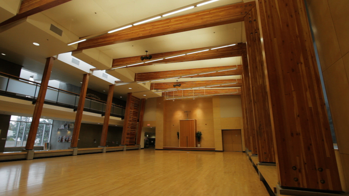 室内白天向上看的大卫王高中多用途避难所，木地板和暴露的胶合层压木材(胶合木)横梁和柱子
