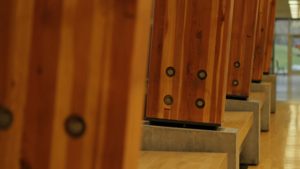 大卫王高中多用途避难所的室内白天特写视图，展示了暴露的胶合层压木材(胶合木)柱底座的钢和木接头