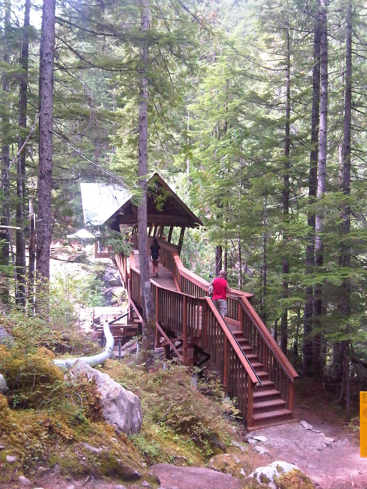 Kuskanax河人行桥的白天地面视图，显示木楼梯，扶手，栏杆和屋顶结构，由胶合层压木材(胶合木)，木材和实锯重木材建造