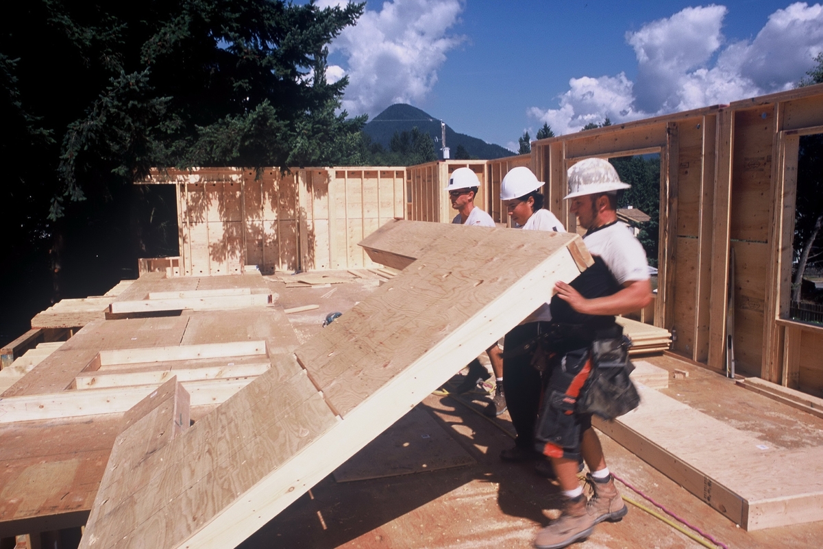 阳光明媚的中午图像，显示三名工人在建筑工地上倾斜预制轻型框架木质墙板