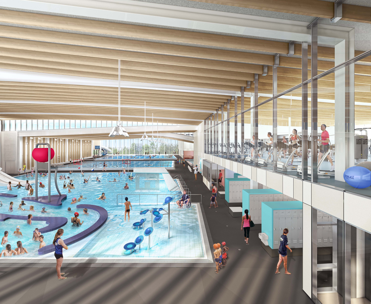 Minoru积极生活中心的日间室内图像渲染视图，显示已占用的游泳池和健身区，上面有胶合木梁支撑的屋顶