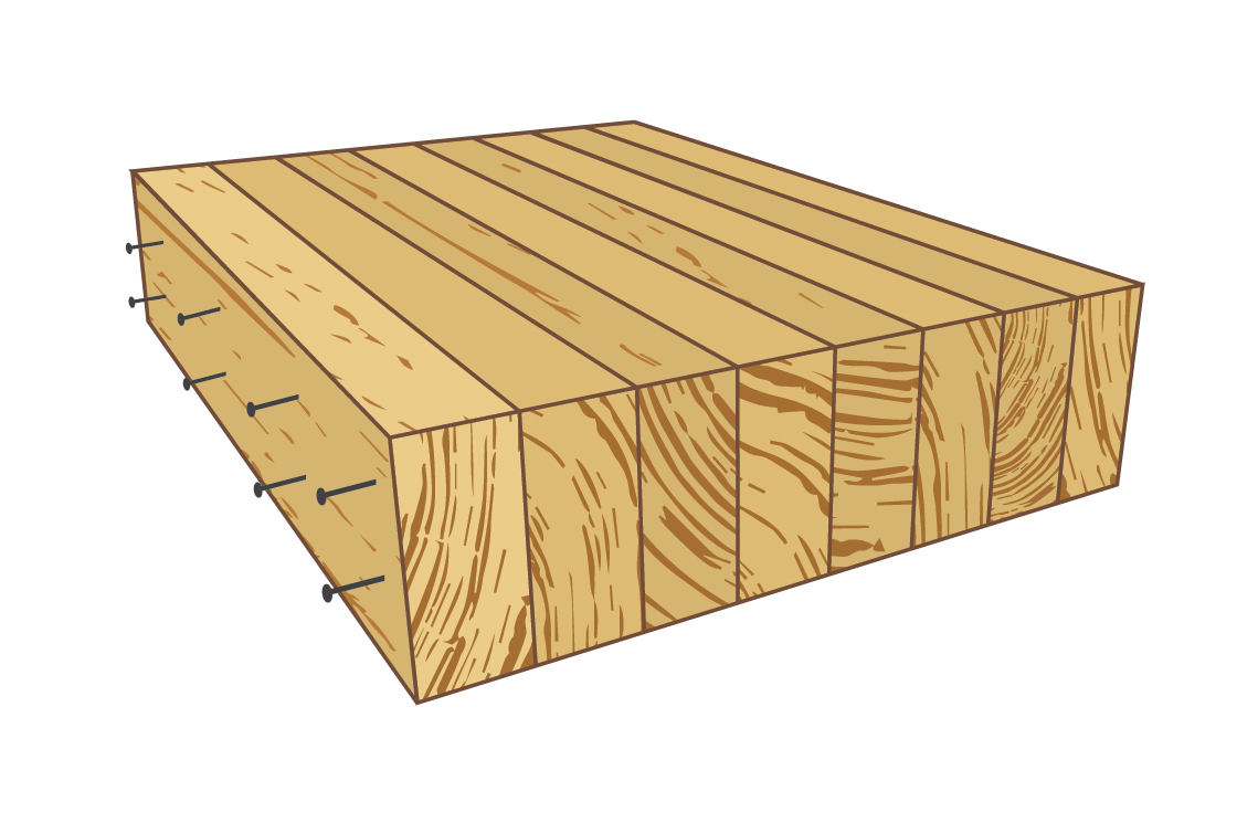 钉片木材(NLT)的图标绘制，它是由尺寸的木材在其边缘堆叠在一起，并用钉子固定在一起