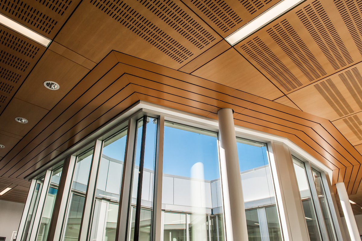 南奈莫地区总医院急诊科的内部向上视图显示，中央室外庭院采用了玻璃，大量使用了木材，包括建筑内部的木质天花板