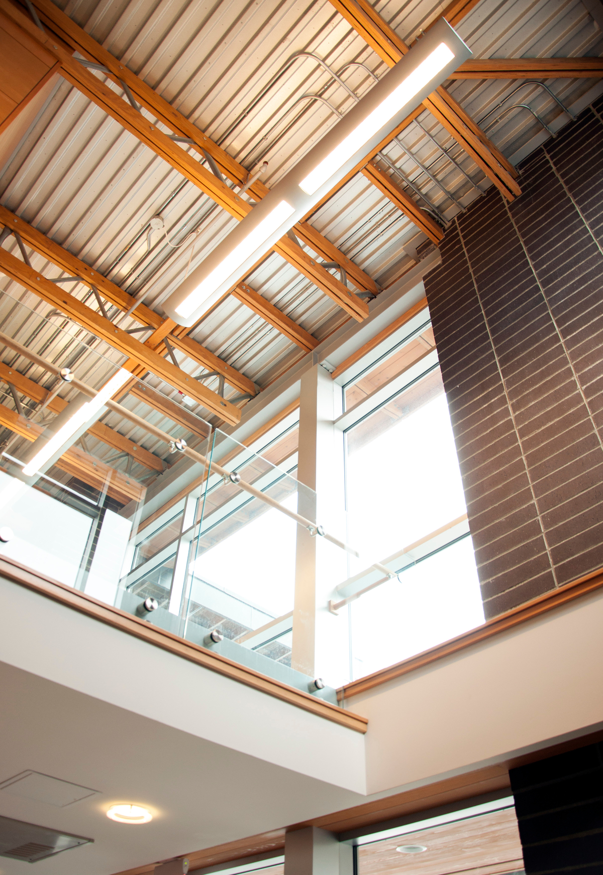 北考伊肯市政大厅的日间向上景观，展示天花板和屋顶结构，以及支撑木材和金属桁架