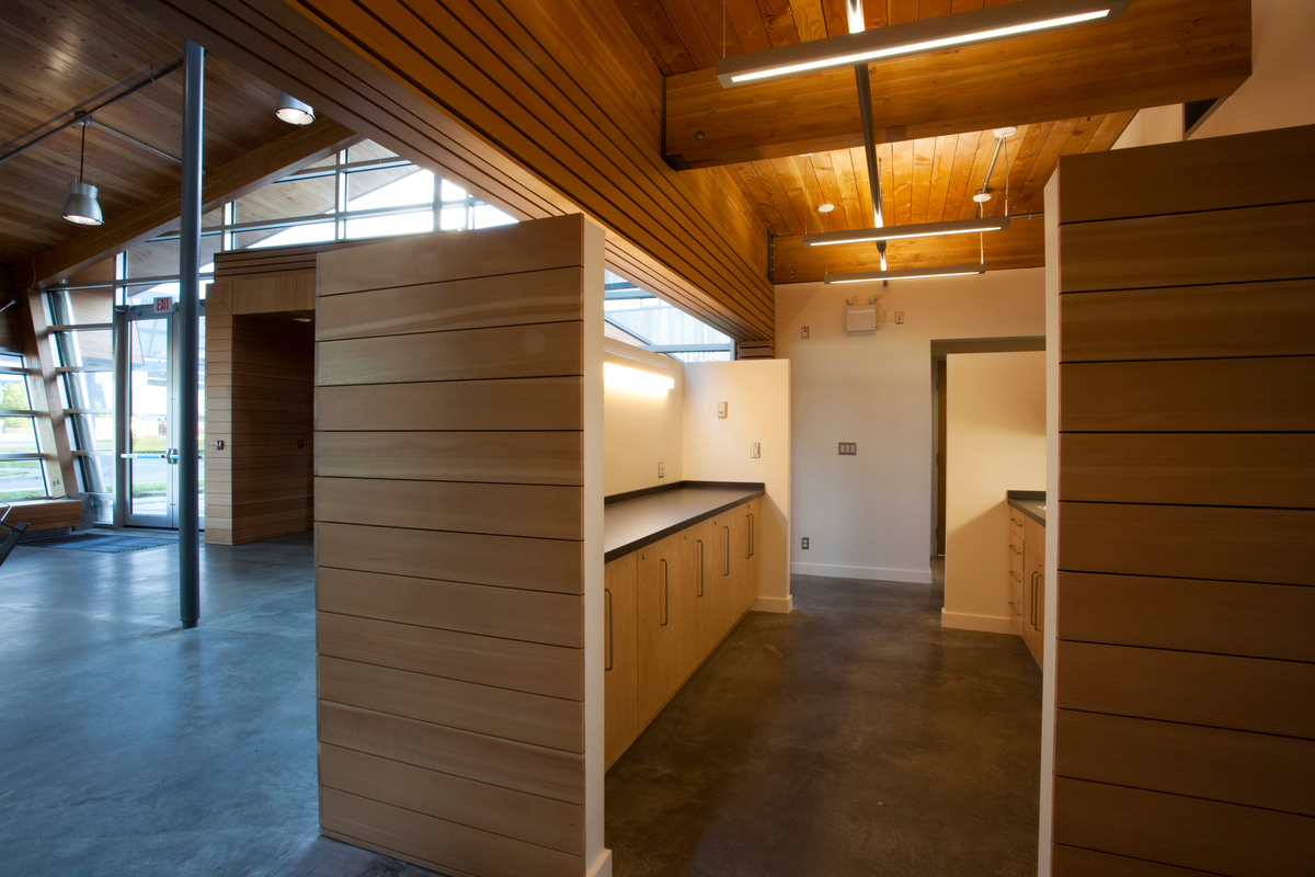 新完成的北极光学院能源屋的室内日间视图，显示道格拉斯冷杉和西部红雪松胶合层压木材(胶合木)大块木材，木制品和外部镶板
