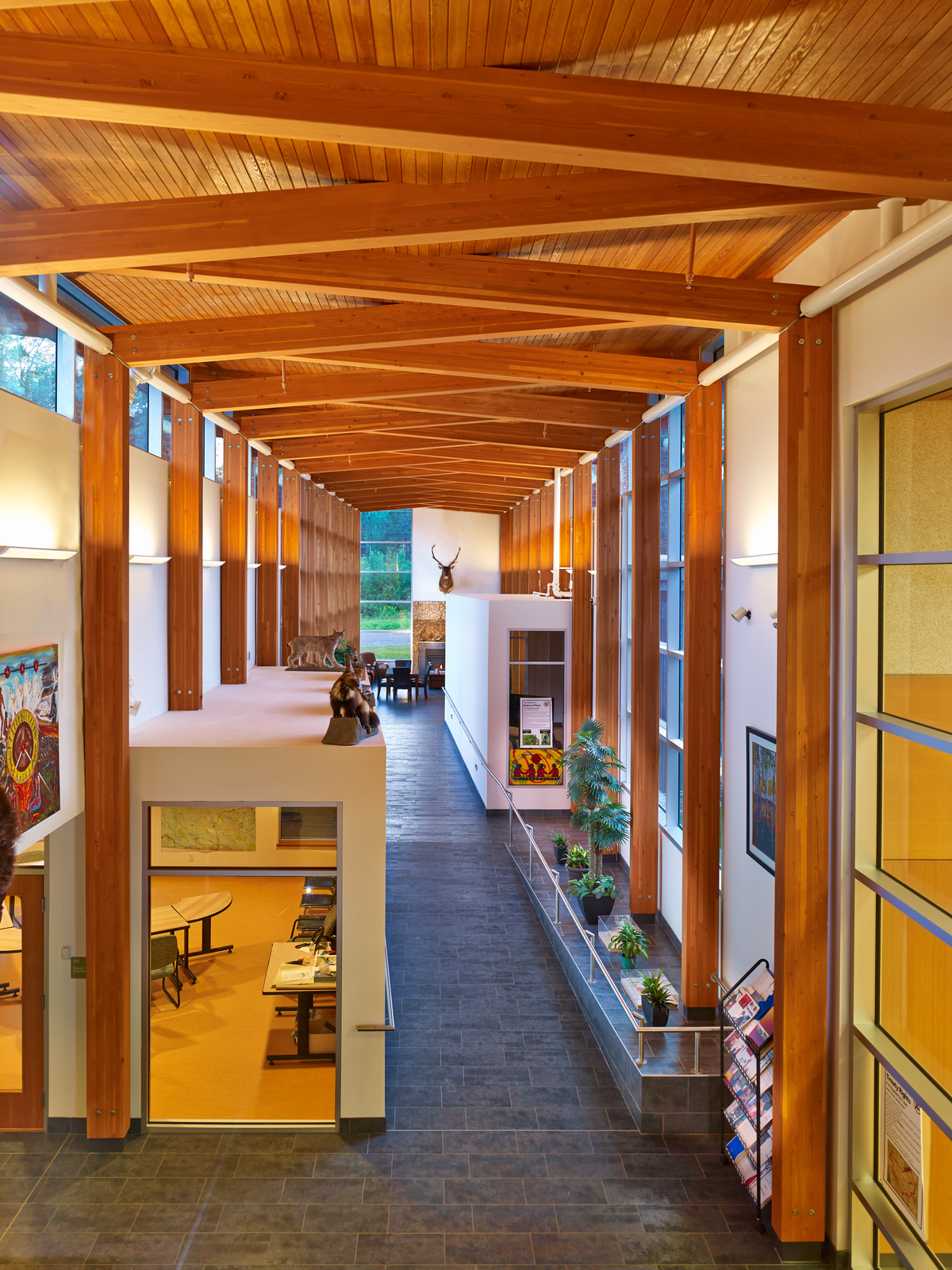 明亮的Prophet River Multiplex主中庭的室内日间图像，显示向下的瓷砖走道，胶合木(胶合木)柱，交叉的天花板梁，和木质天花板甲板