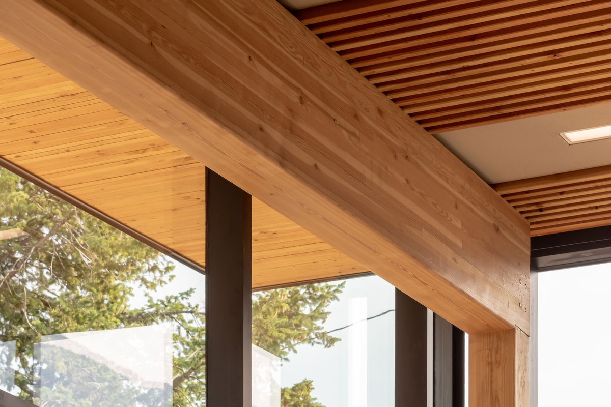 镭温泉社区大厅和图书馆的日间近景，展示胶合木(胶合木)木豆支撑的胶合木(DLT)屋顶部分