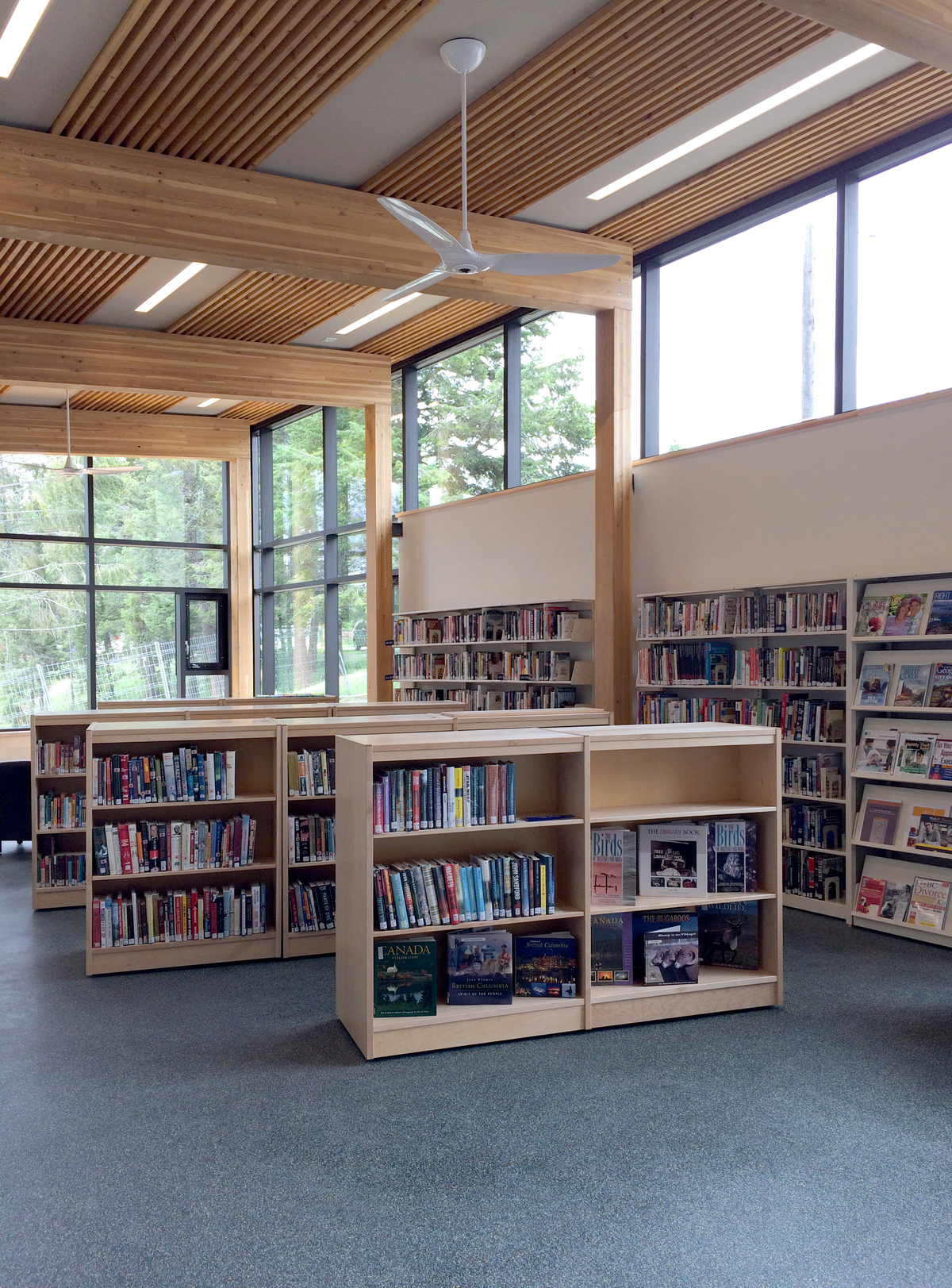 镭温泉社区大厅和图书馆的日间室内特写，展示了胶合层压(胶合层)木材豆支撑榫榫层压木材(DLT)屋顶部分