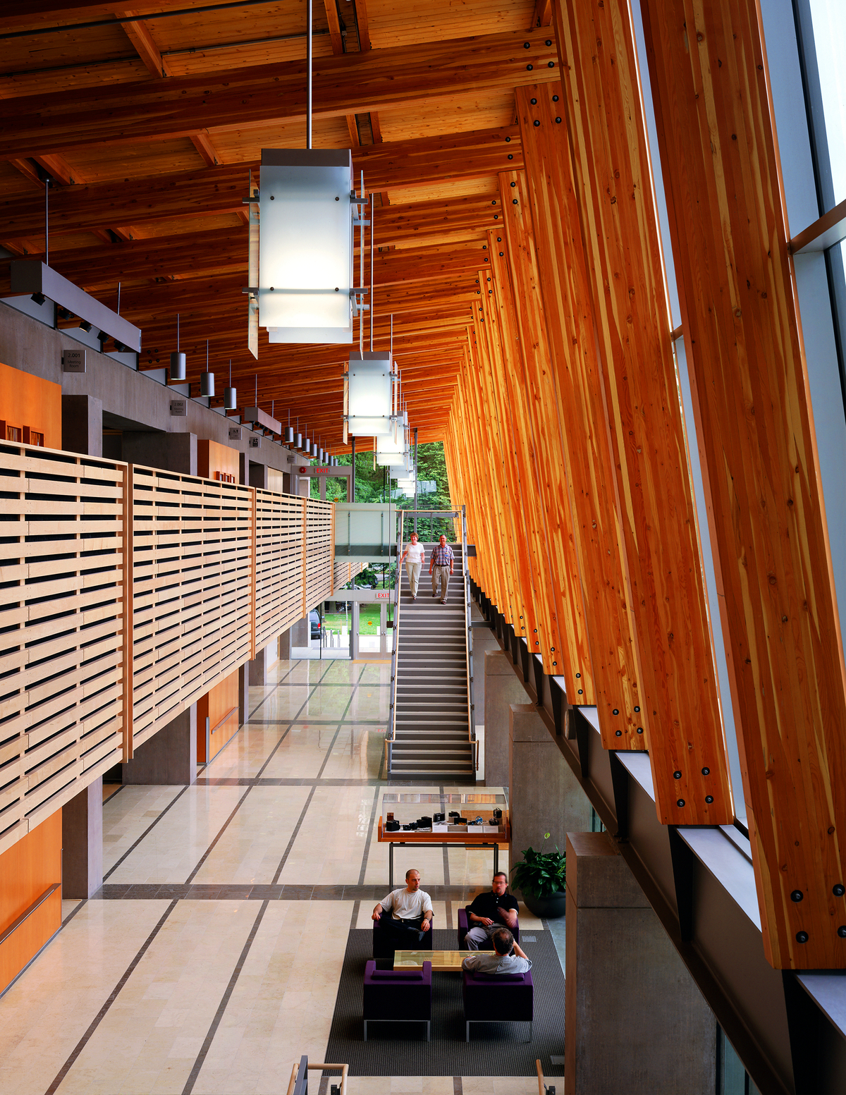 里士满市政厅三层画廊的室内白天视图，显示使用胶合层压木材(胶合木)梁和柱支撑膨胀的实心锯厚木材甲板屋顶