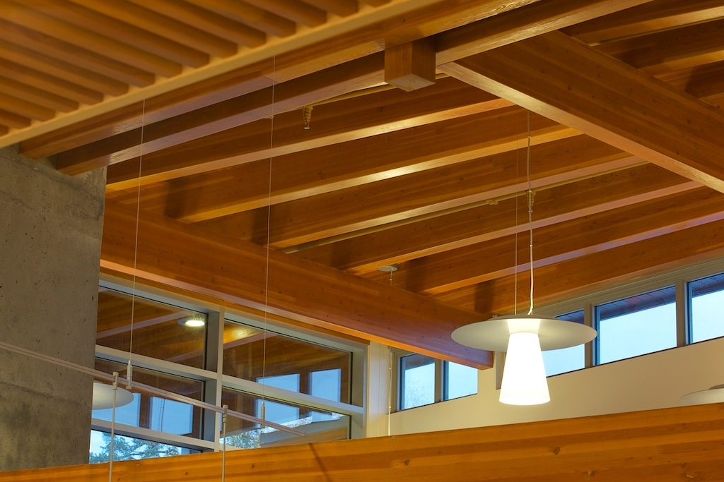 盐泉岛图书馆天花板结构的室内向上近距离白天视图，显示胶合层压木椽作为声学线性木天花板的组成部分，它消音，有助于保持安静，和平的氛围