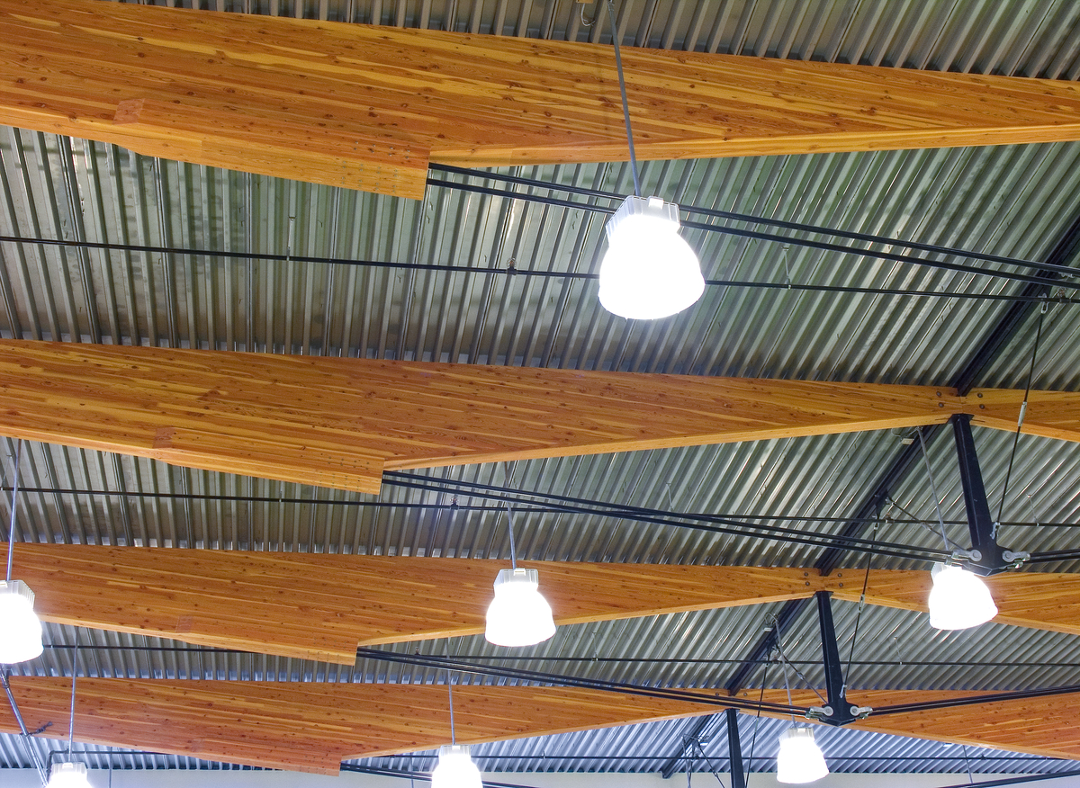 混合Sk 'elep学校的室内特写图像显示体育馆天花板，其特点是胶合木(胶合木)梁和中柱桁架之间的优雅混合