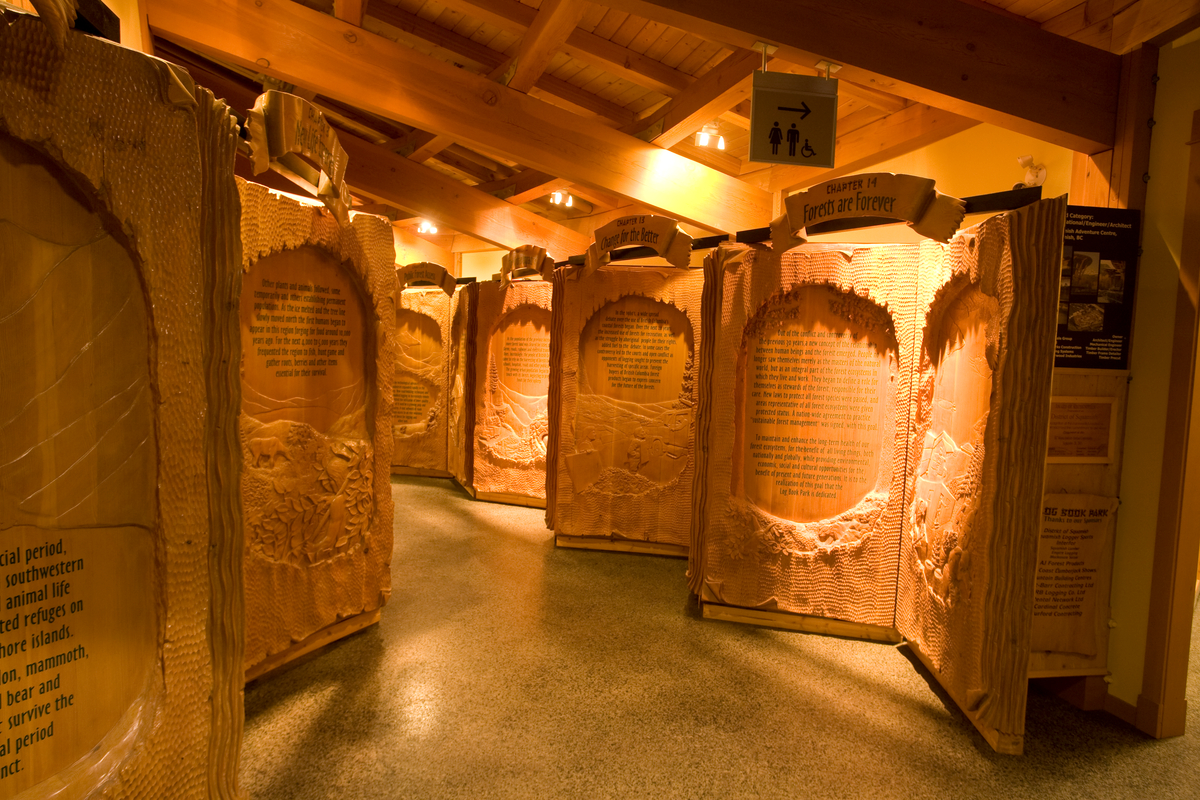 Squamish冒险中心的内部视图，显示实锯重木梁的屋顶，支撑木桁架和尺寸木材屋顶板条;所有2米以上高的CNC雕刻“书”