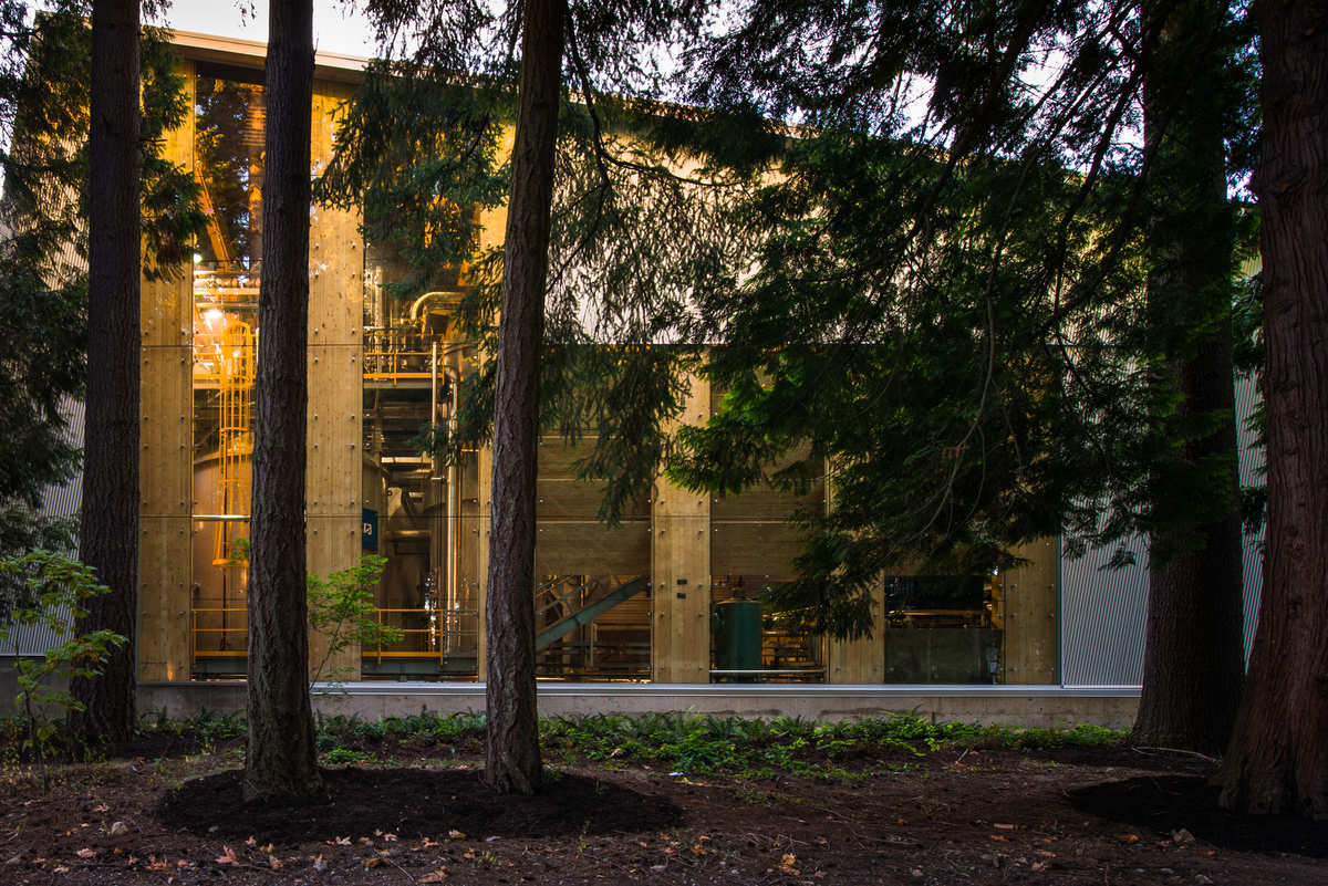 在这张白天的外部图片中，可以看到UBC生物能源研究大楼的玻璃和金属外部的垂直胶合木柱