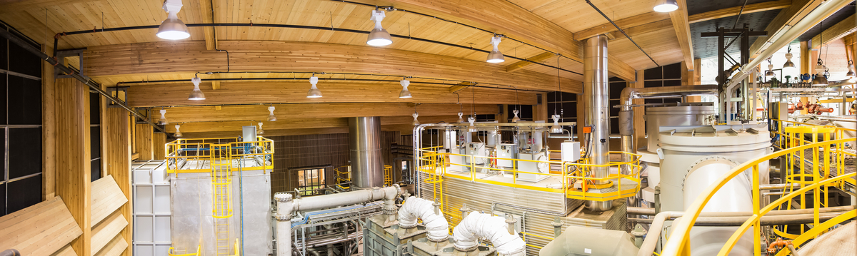 暴露的工程木材结构，包括交叉层压木材(CLT)屋顶板和全跨度胶合层压木材(胶合木)屋顶梁，在UBC生物能源研究大楼的白天室内图像中显示