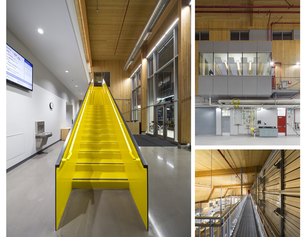 展示了UBC校园能源中心大量木材使用的3个图像拼贴，包括:亮黄色的楼梯间，周围的墙壁和CLT天花板，设备地板视图显示CLT，上部龙门架视图显示CLT屋顶和胶合木梁