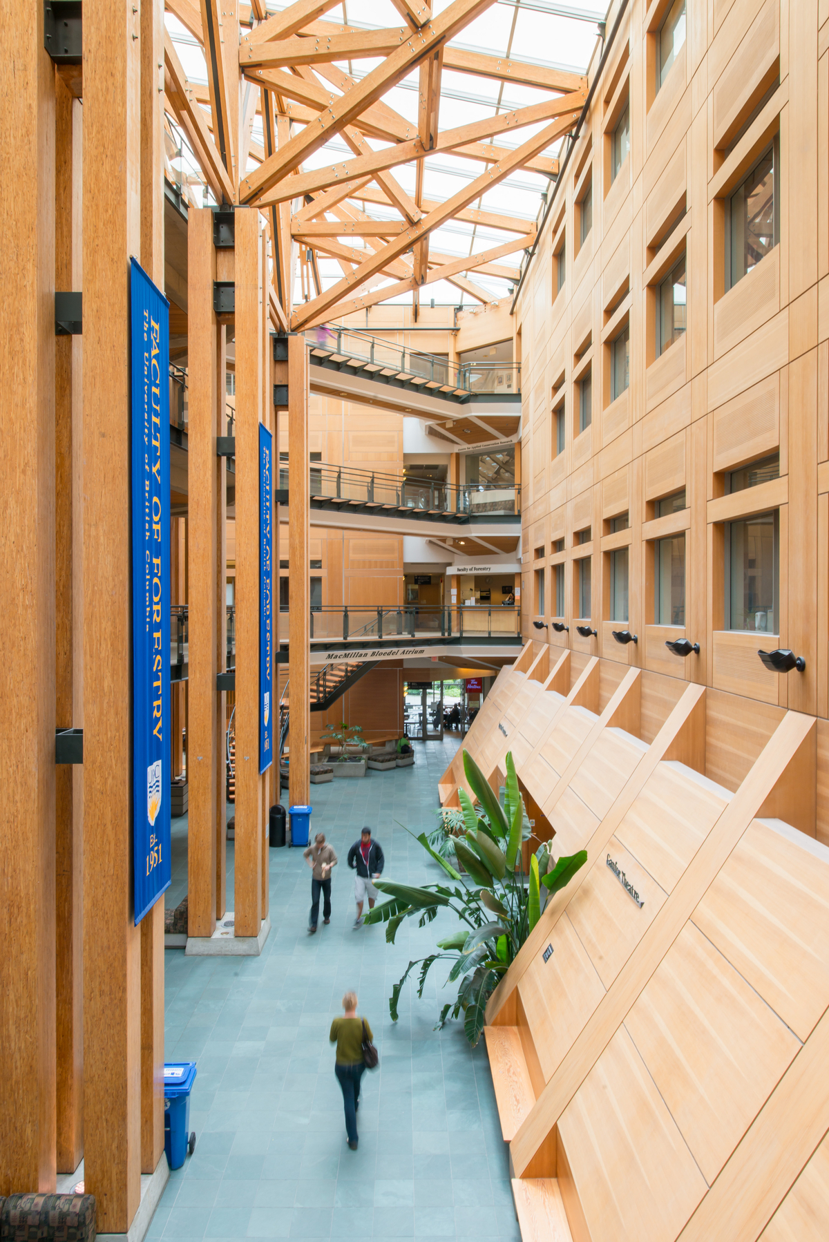 多层木材和装饰木材，包括:墙板，楼梯台阶，平行绞线木材(PSL)柱，木材装饰和木制品展示在UBC森林科学中心主中庭的白天室内图像中