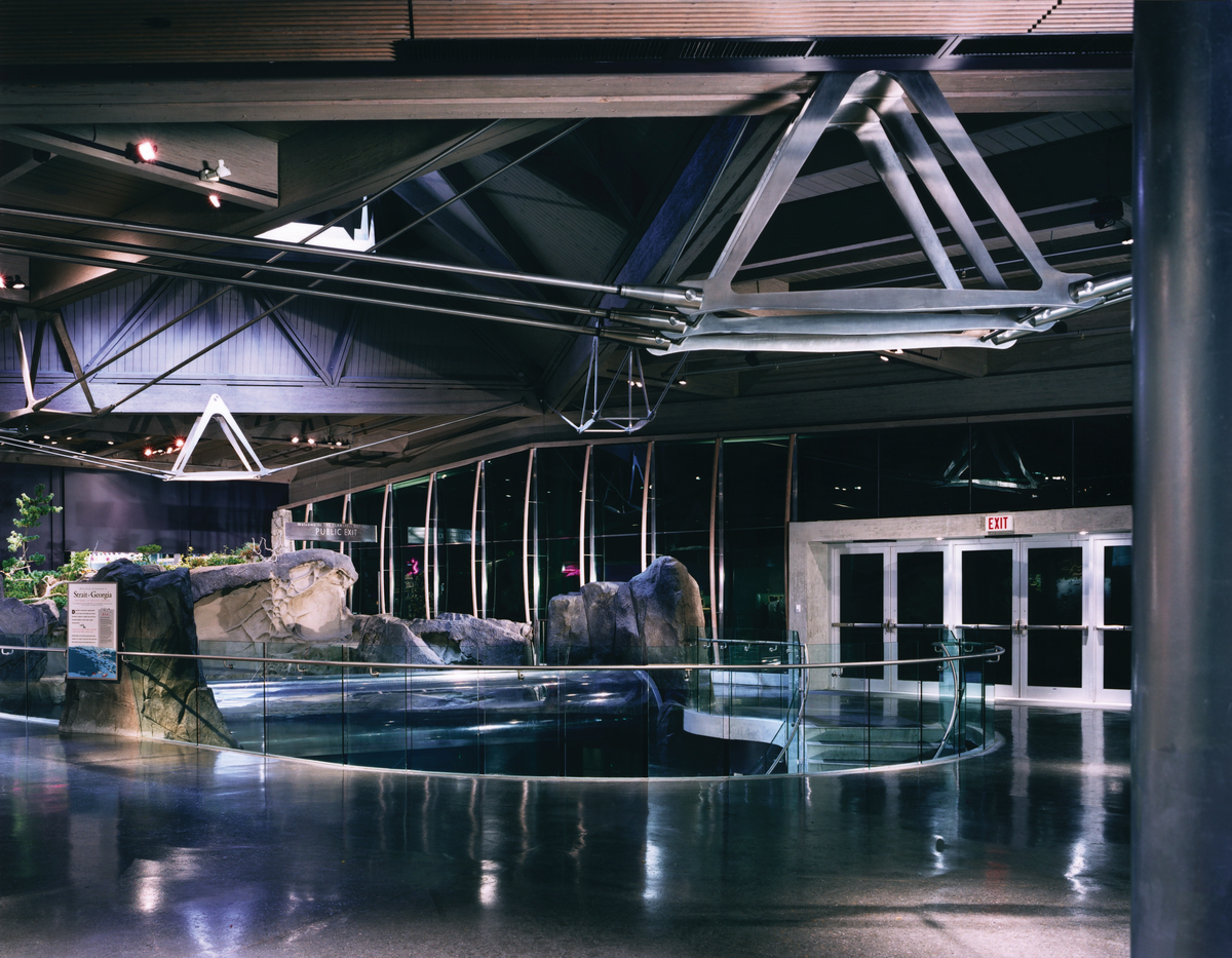 温哥华水族馆加拿大太平洋馆的室内夜景展示了平行绞线木材(PSL)梁和钢棒和配件组成的屋顶结构