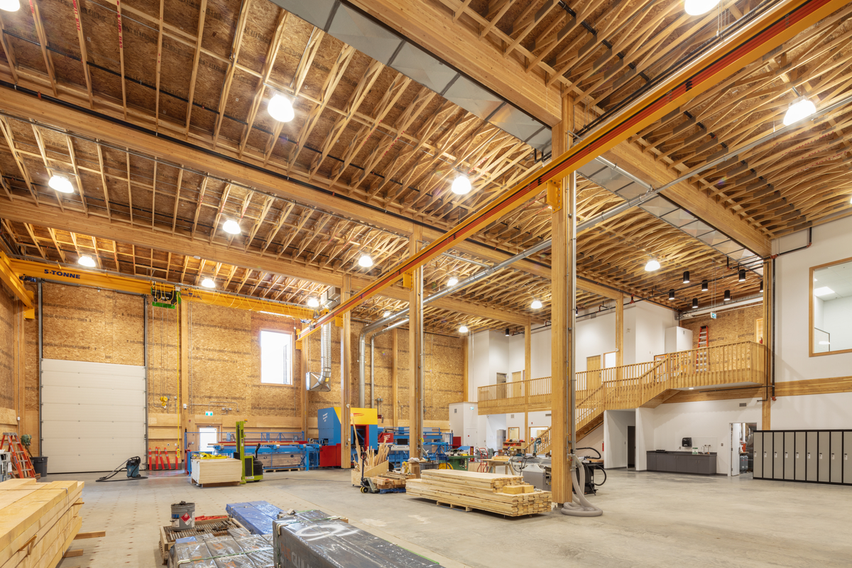 木材创新研究实验室的室内白天视图，为学生和研究人员展示了巨大的内部空间，供他们测试最先进的建筑系统，并研究如何将木材集成到更多的工业建筑结构设计中